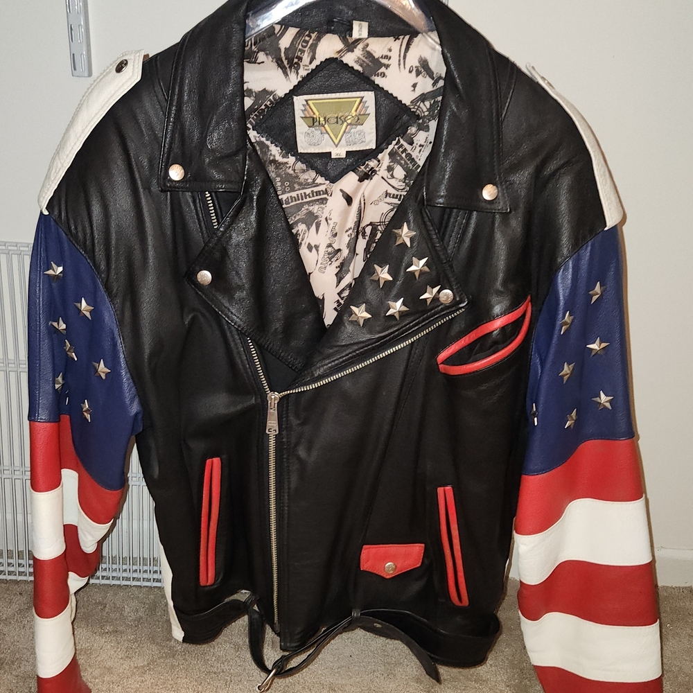 Black Leather Biker Jacket w/ Star-Studded Sleeves; Heavyweight, Like New, Clean